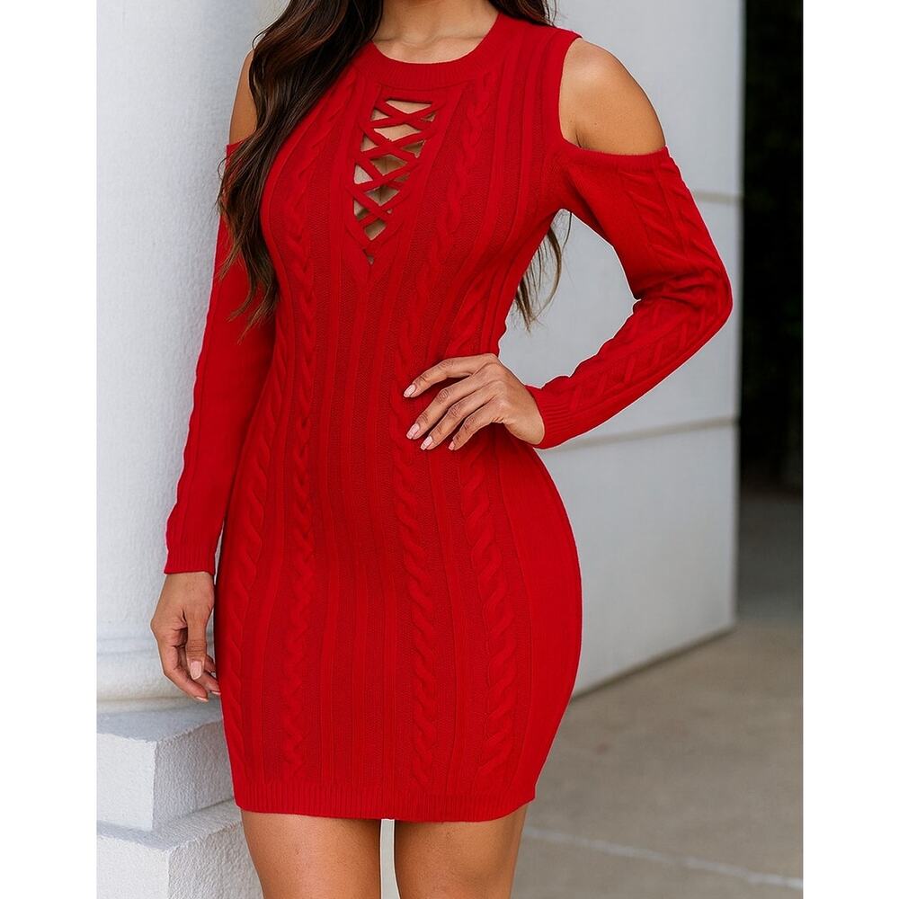 Guess Red Cold Shoulder Sweater Dress | Lace-Up Front Bodycon Knit | Size M